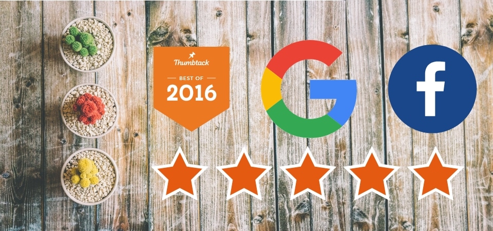 Image featuring the logos of Thumbtack, Google and Facebook alongside 5 stars. Pro Mow is rated 5 stars on all 3 platforms. 