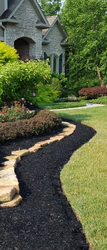 A large flower bed containing shrubs, trees, and stone work. The mulch is fresh and the edges of the bed are well defined. 